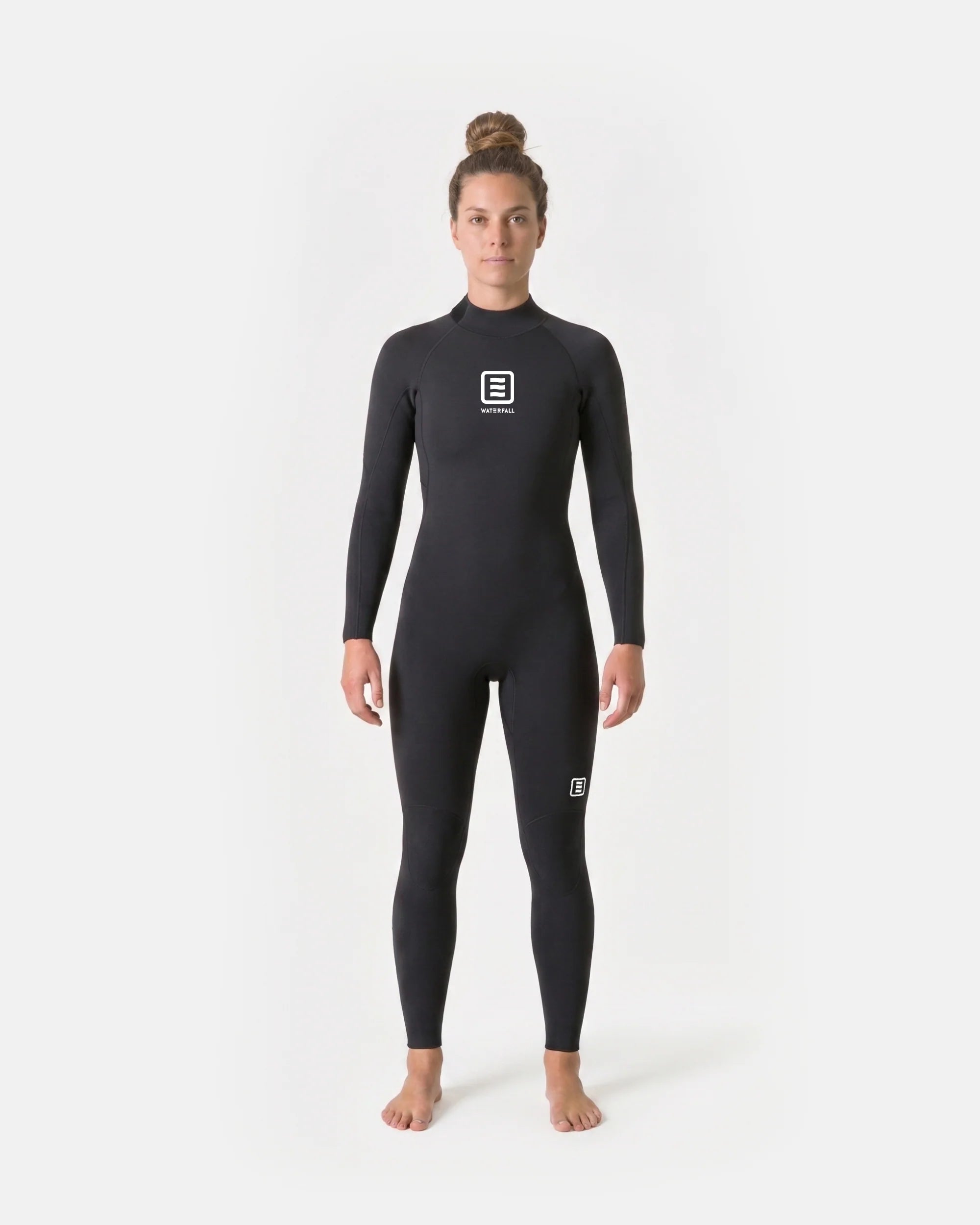 Women’s black backzip PRO full-length wetsuit with long sleeves and chest logo patch.