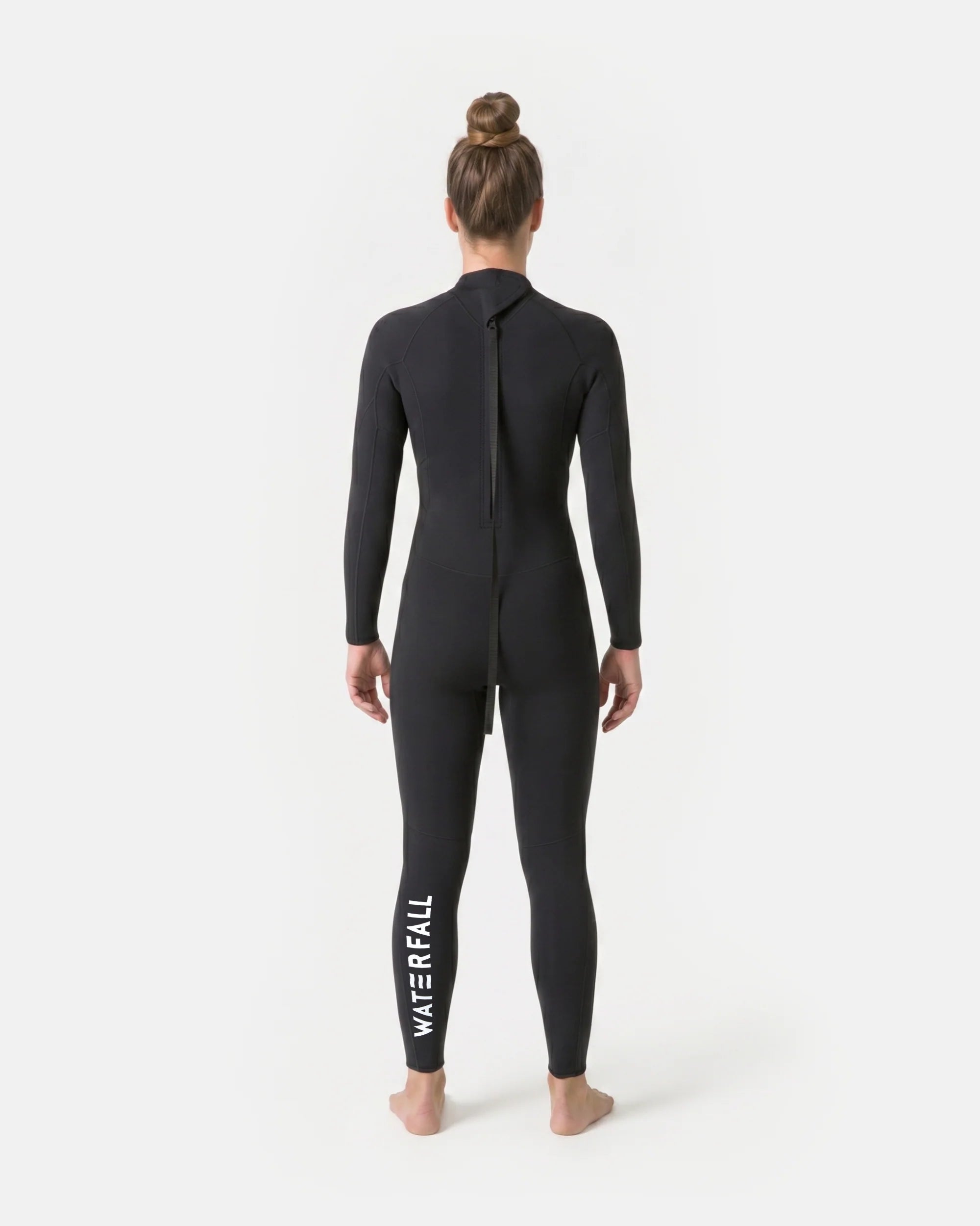 Women’s black backzip PRO full wetsuit with visible back zipper and leg logo text.