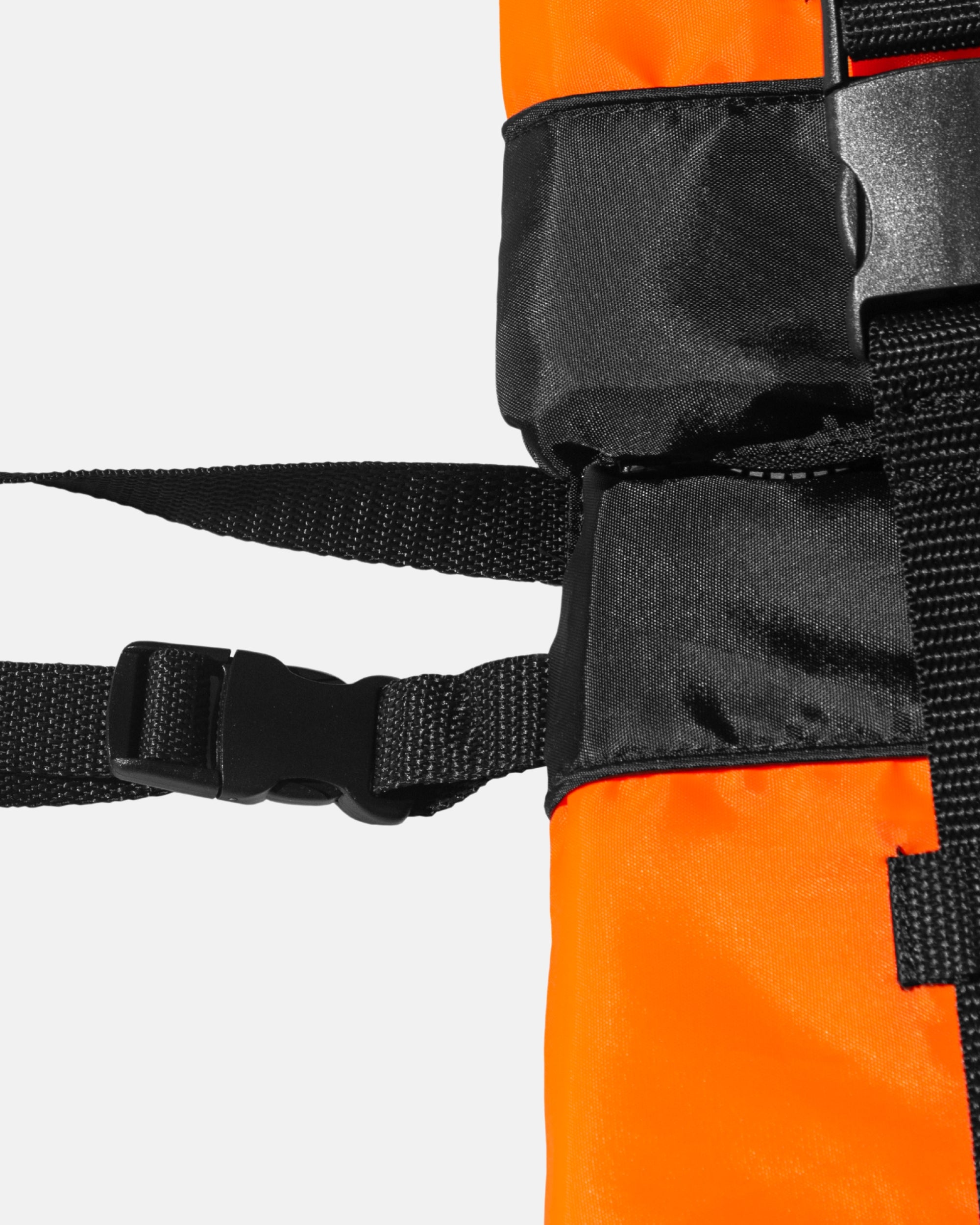 Buoyancy aid waist strap with plastic buckle and orange hem panel