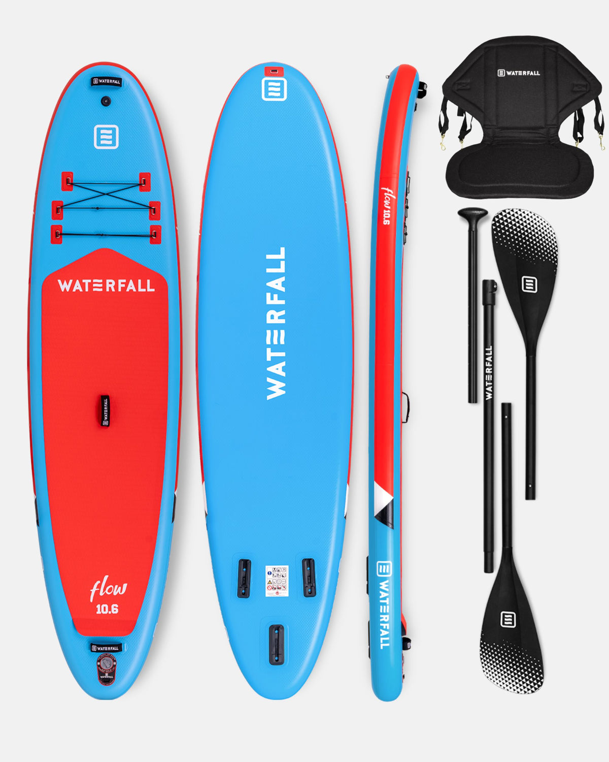 Inflatable SUP board set: blue and red board with paddle and storage bag