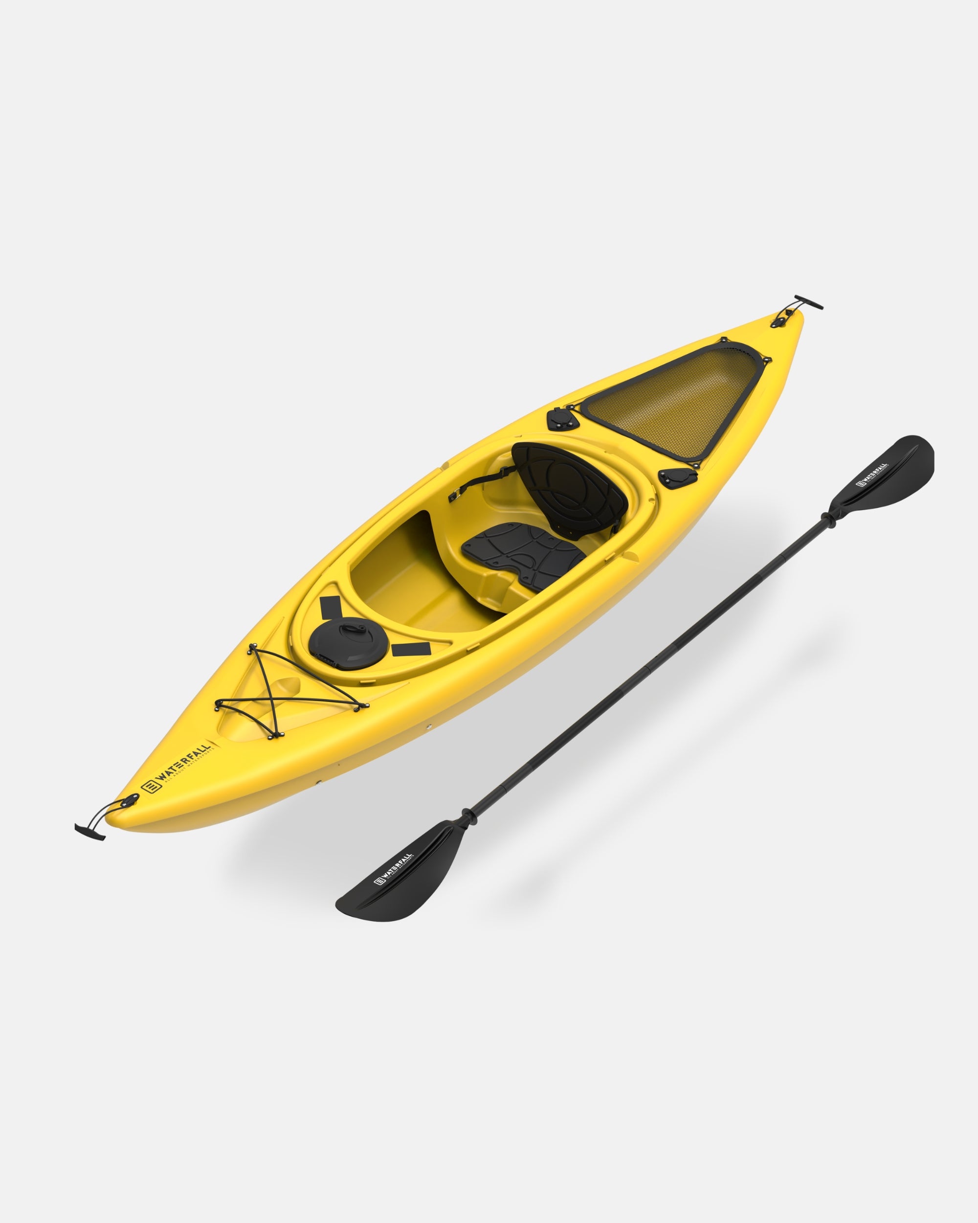 Yellow sit-in kayak with black paddle, side profile view