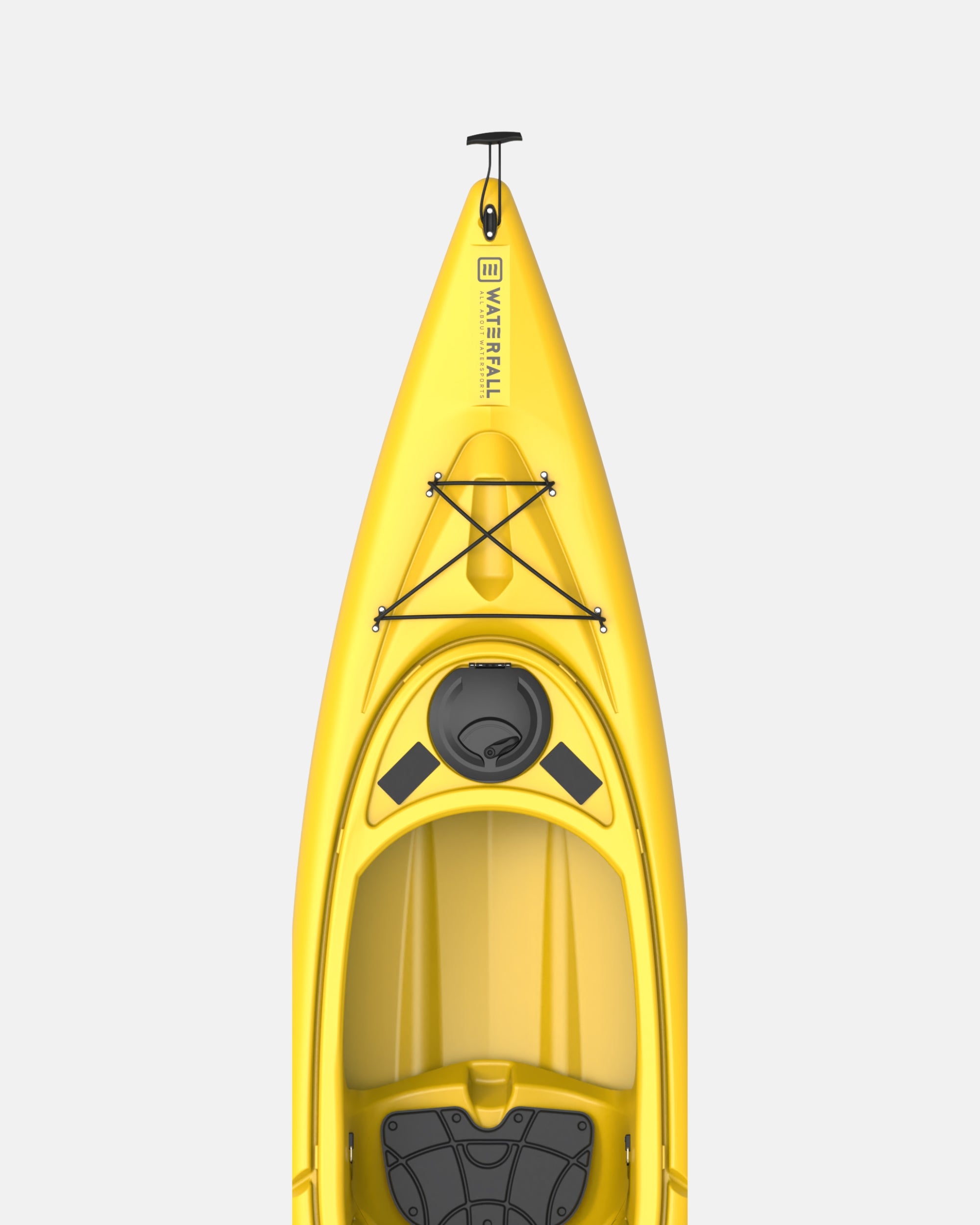 Yellow sit-in kayak bow front view with cockpit and spray cover