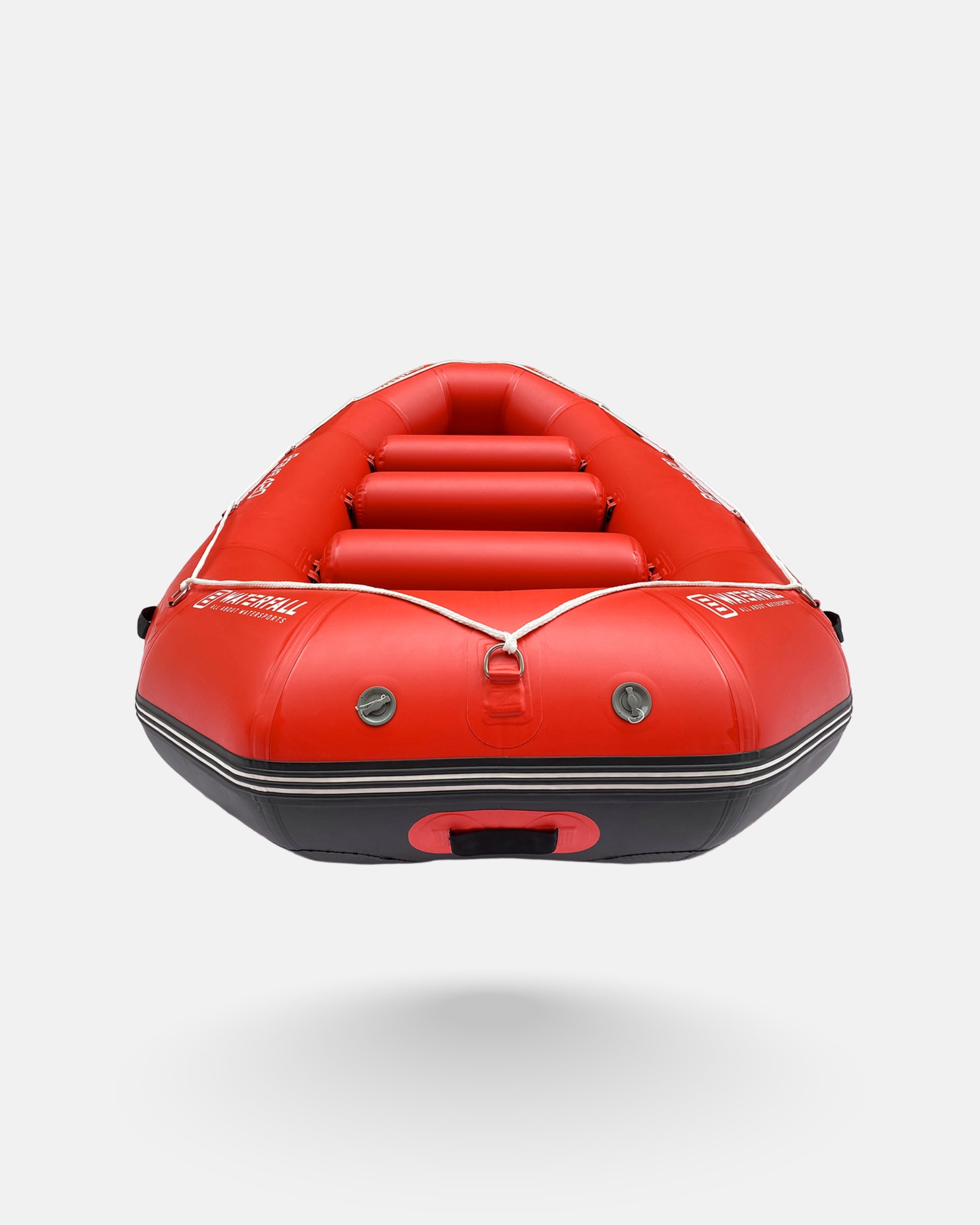 Red inflatable raft bow with front seats and black hull trim