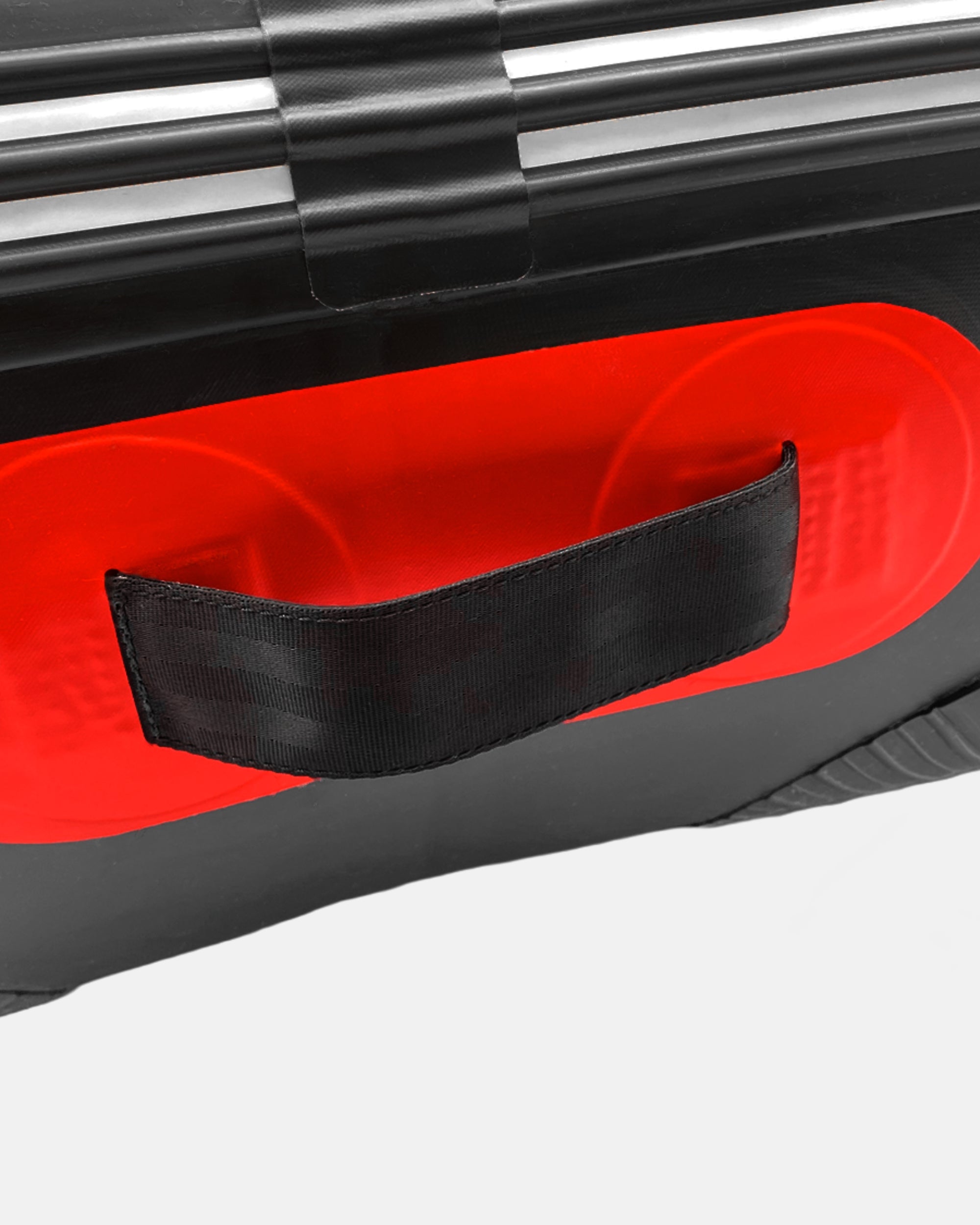Red and black inflatable raft side handle strap detail