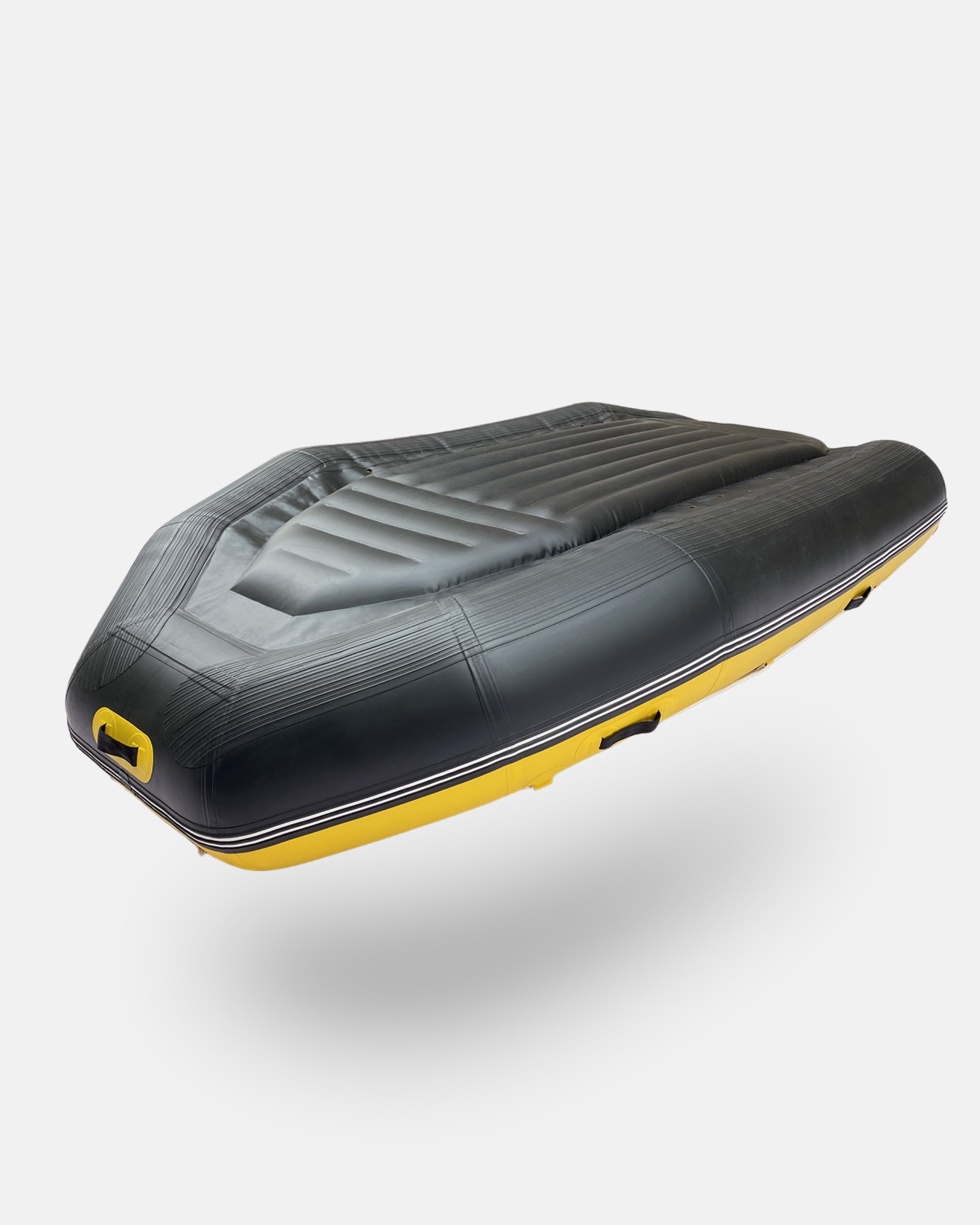 Inflatable raft with dark gray top, black sides, and yellow accent stripe