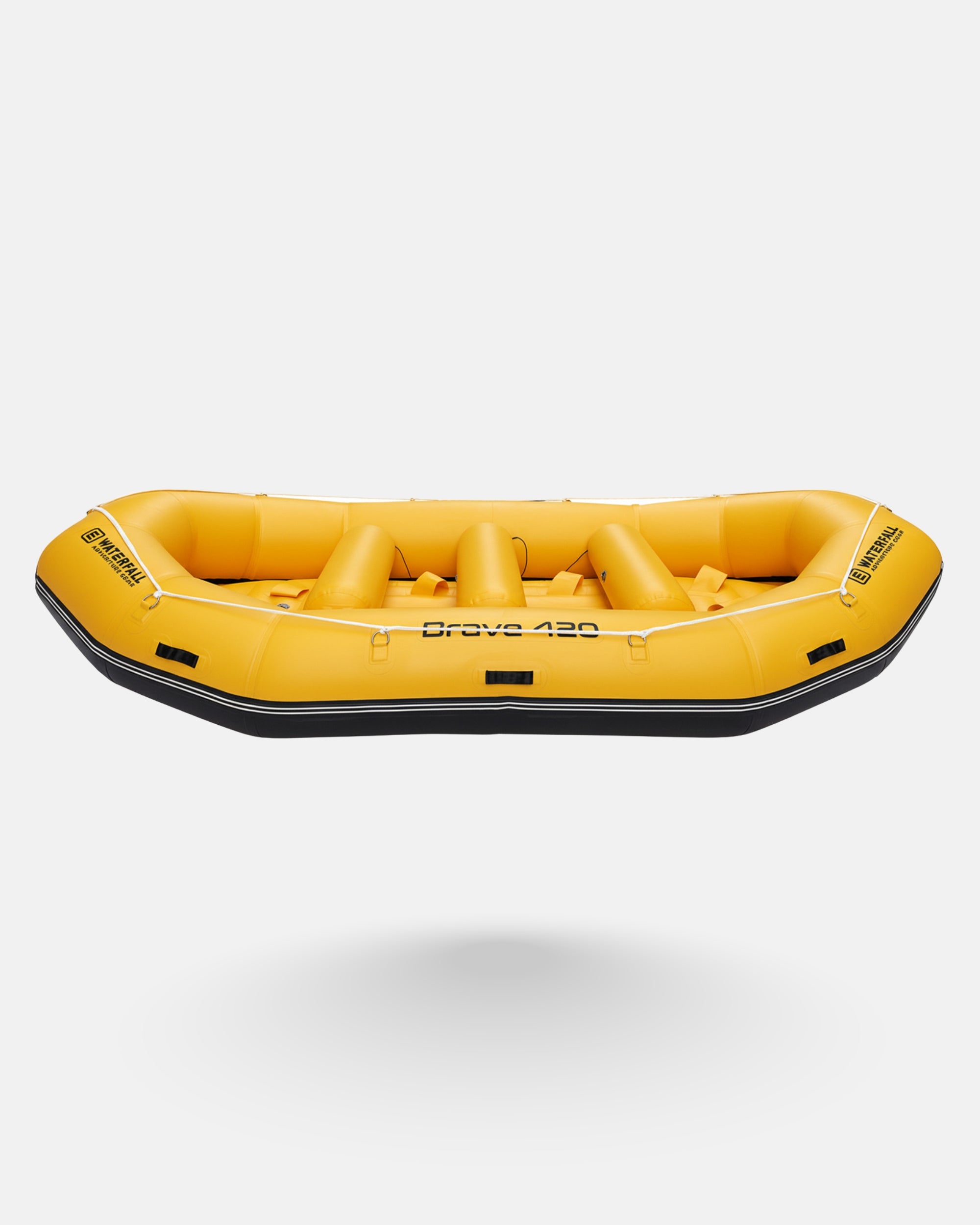 Yellow inflatable raft with interior padding and molded seats