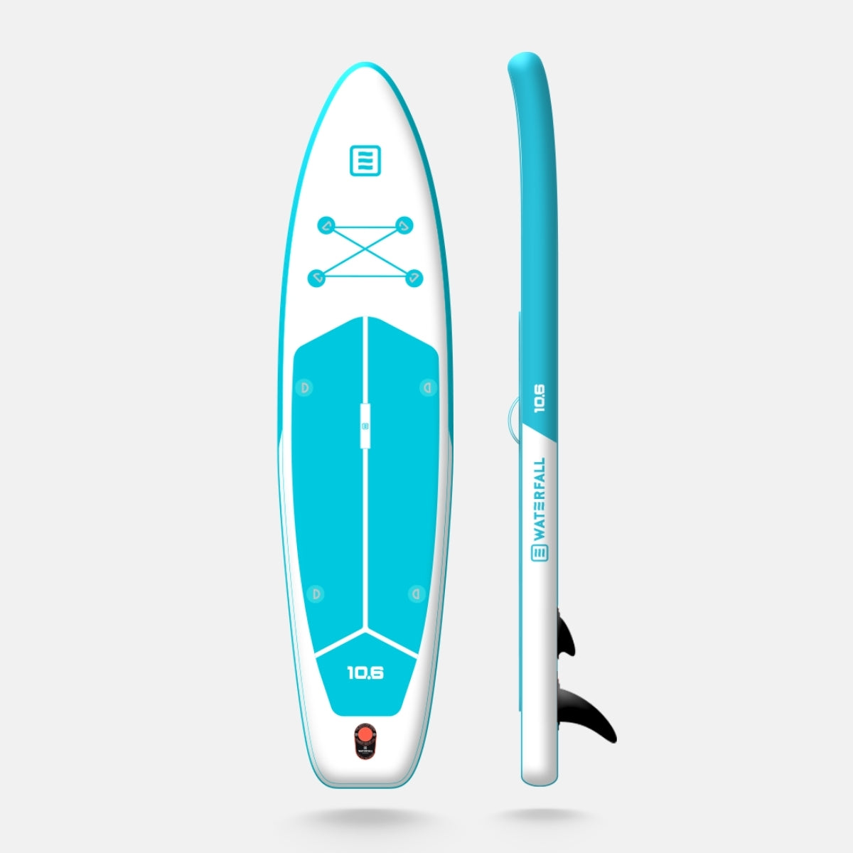10'6 blue inflatable stand-up paddleboard with fin and matching paddle
