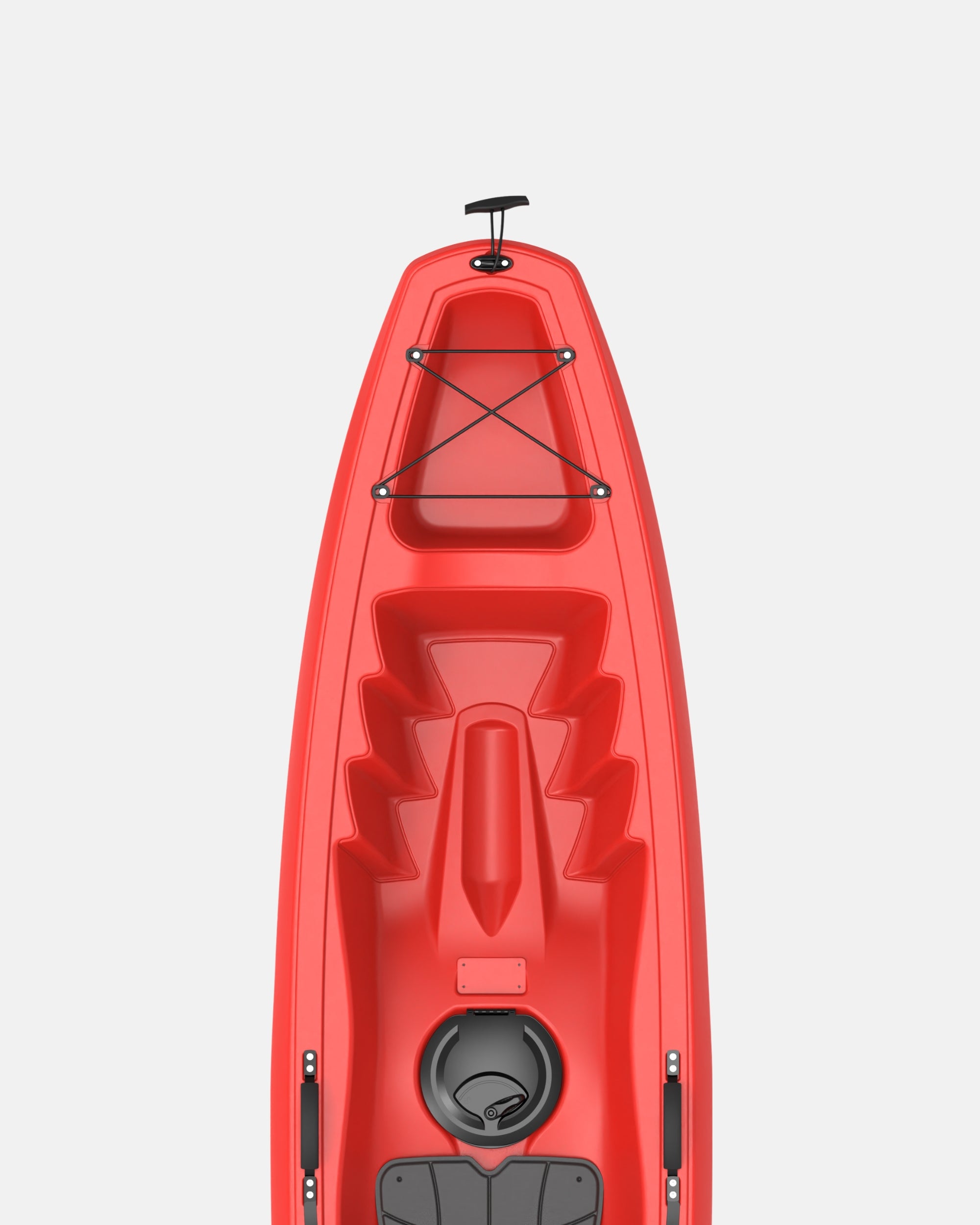 Red sit-on-top kayak bow with cockpit hatch, round pump mount, and straps