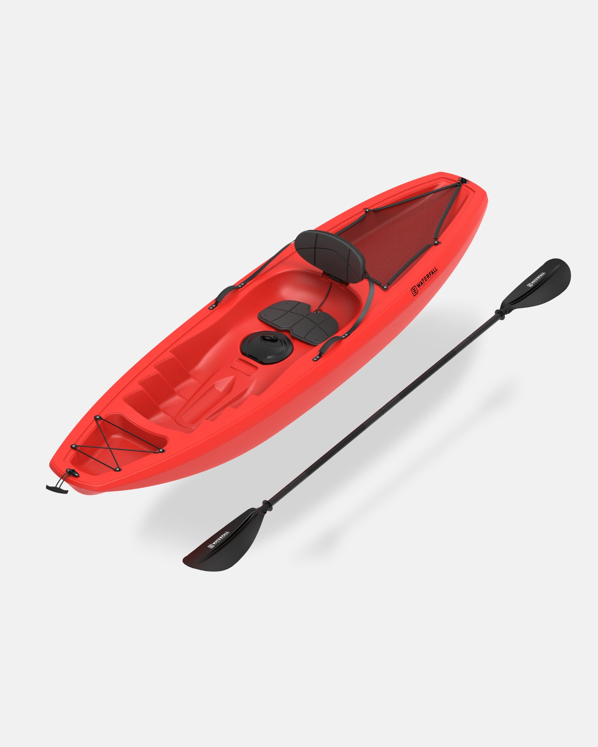 Red sit-on-top kayak with black seat area and two included paddles