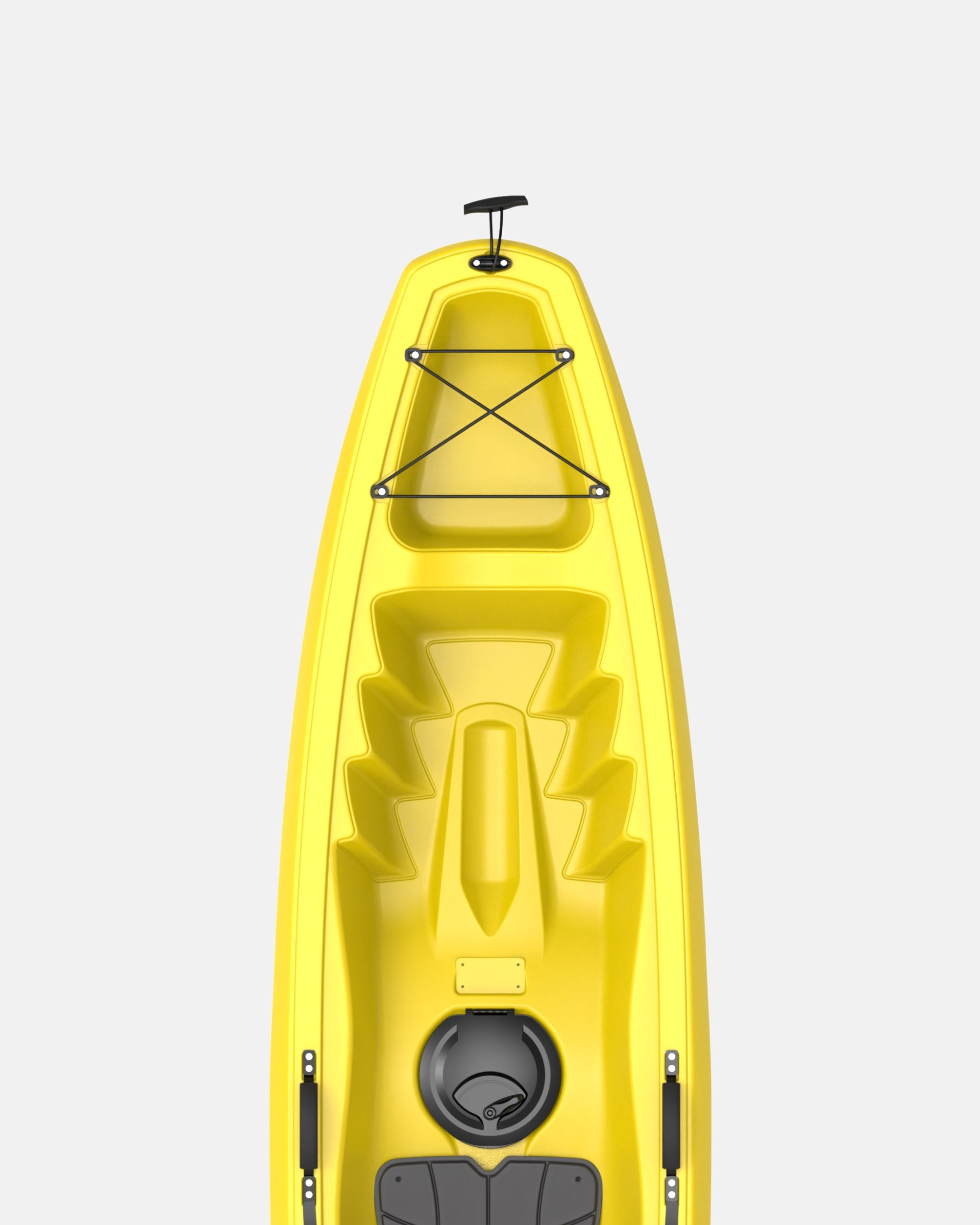 Yellow kayak bow deck with bungee crossbar, hatch, and circular scupper