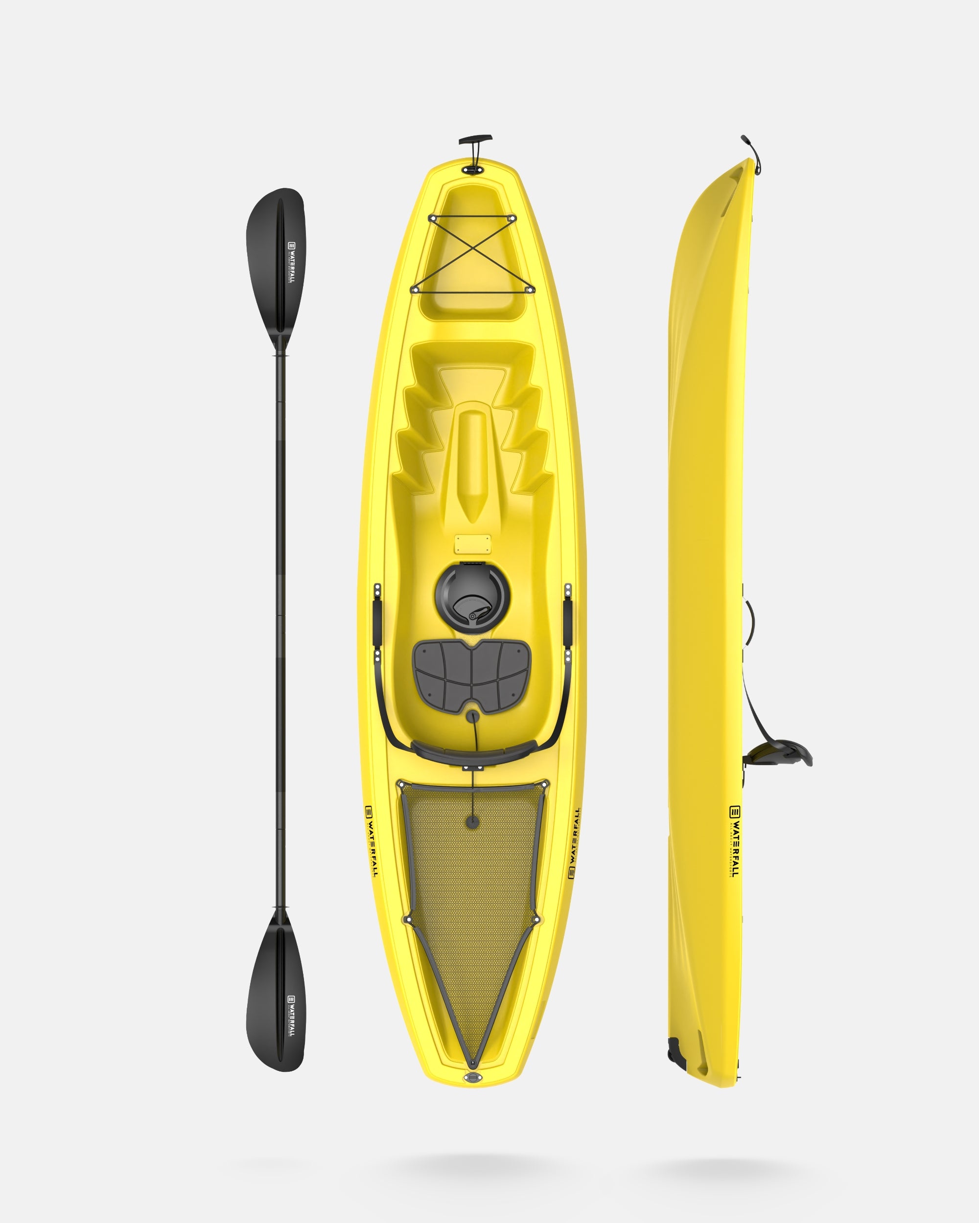Yellow sit-on-top single kayak with cockpit cover, drain plug, and two paddles