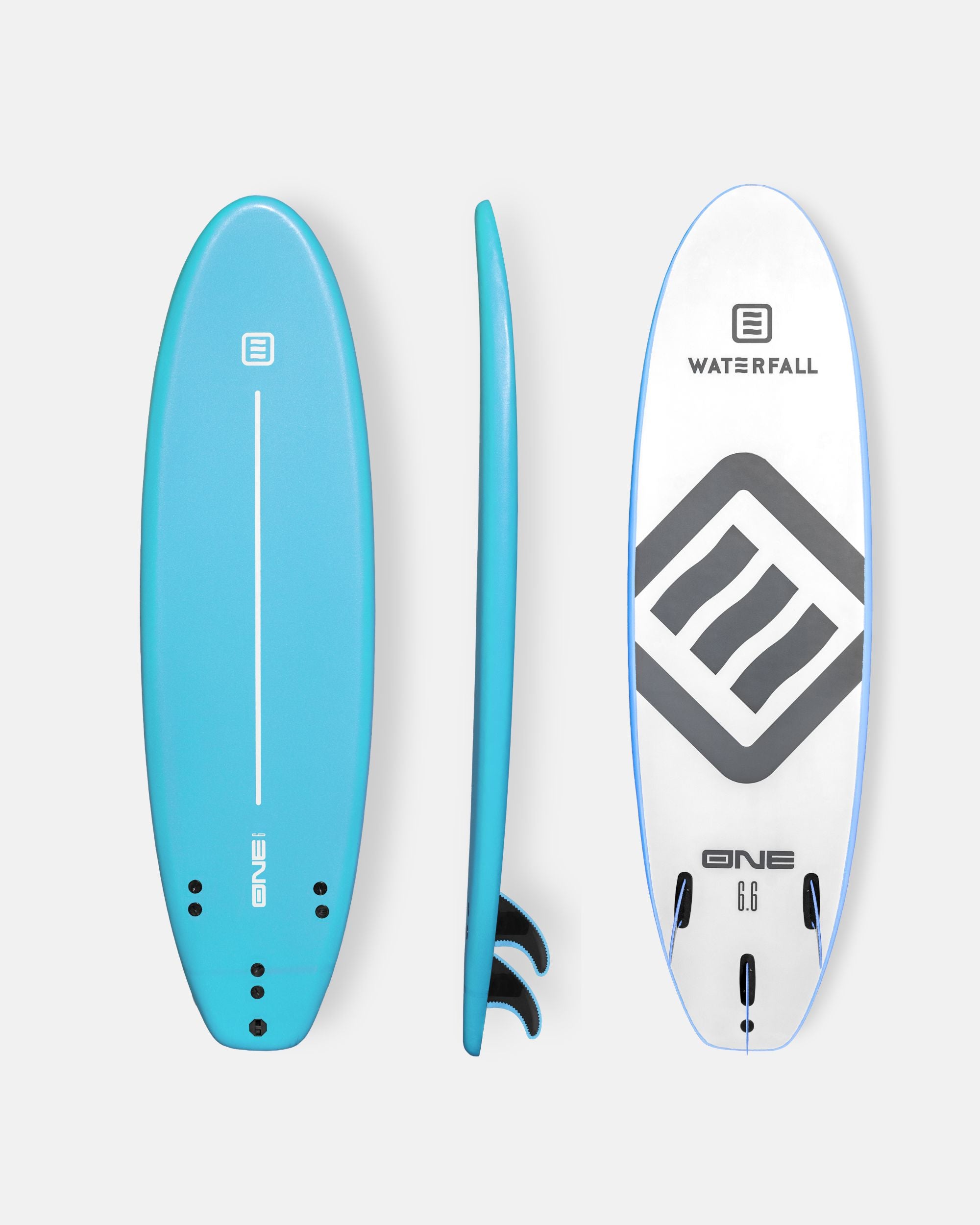 Blue surfboard with vertical center graphic and fin plugs, front and side views