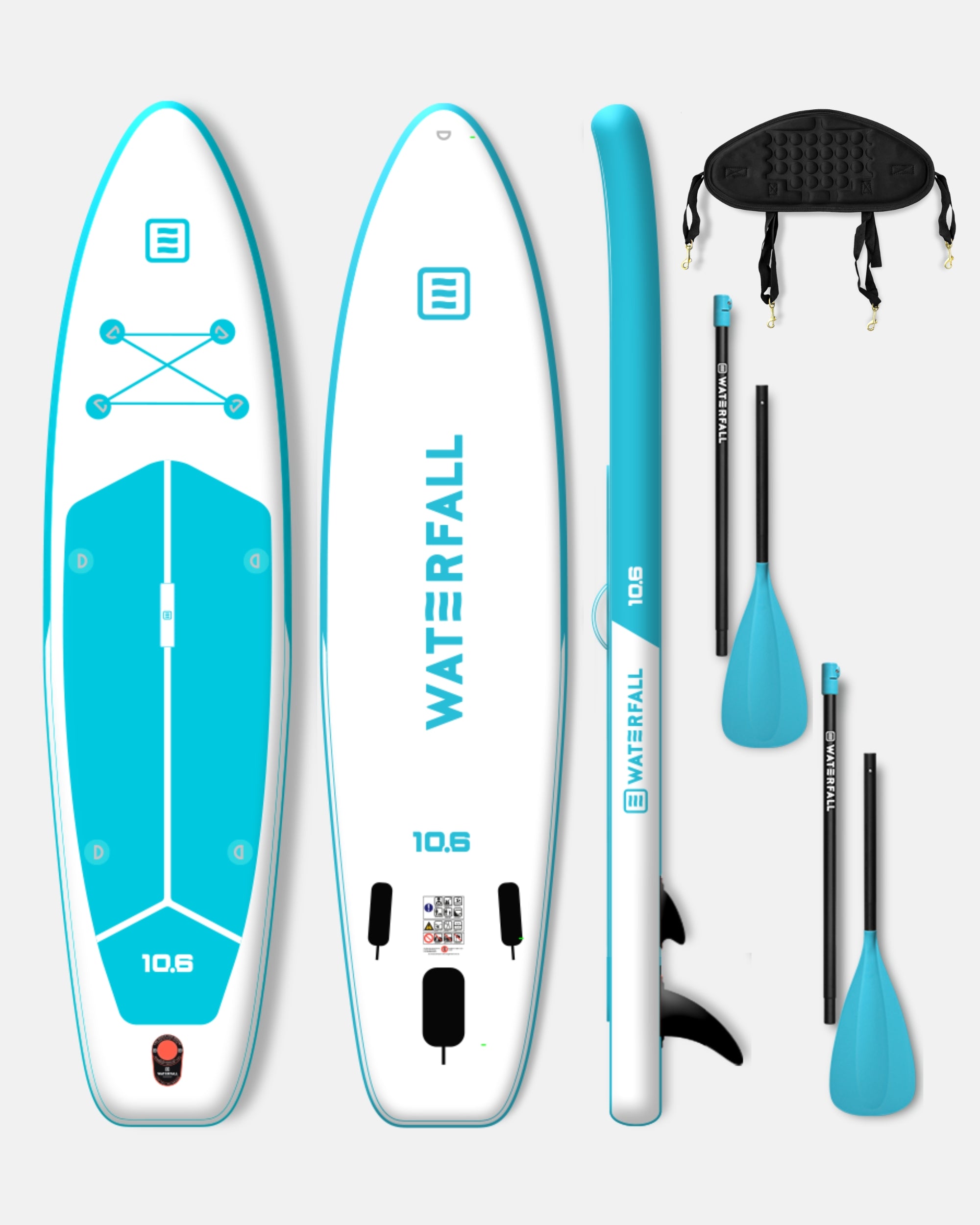 Blue 10.6 touring inflatable SUP board with paddle and pump