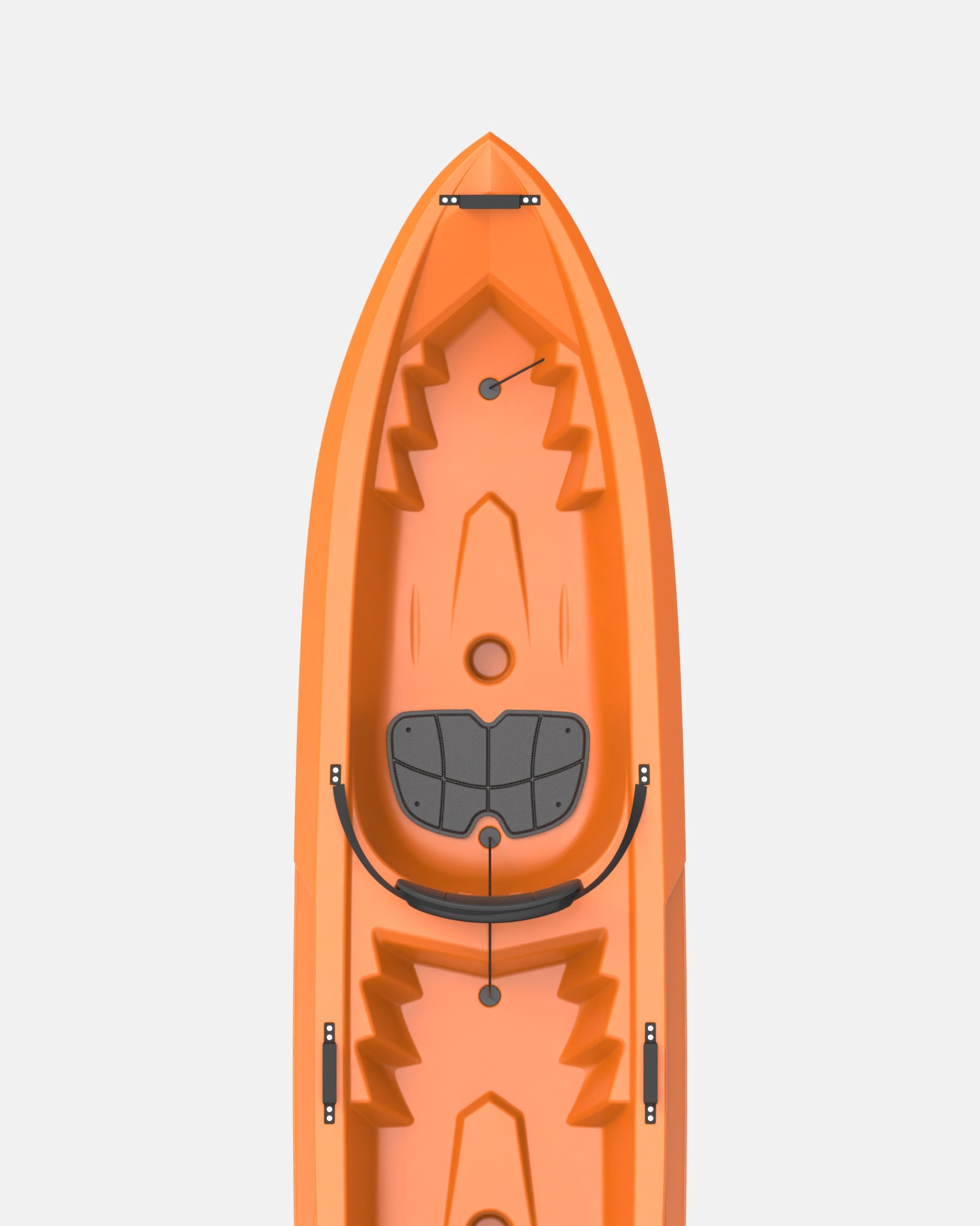 Orange double sit-on-top kayak front view with two cockpit seats and seat padding