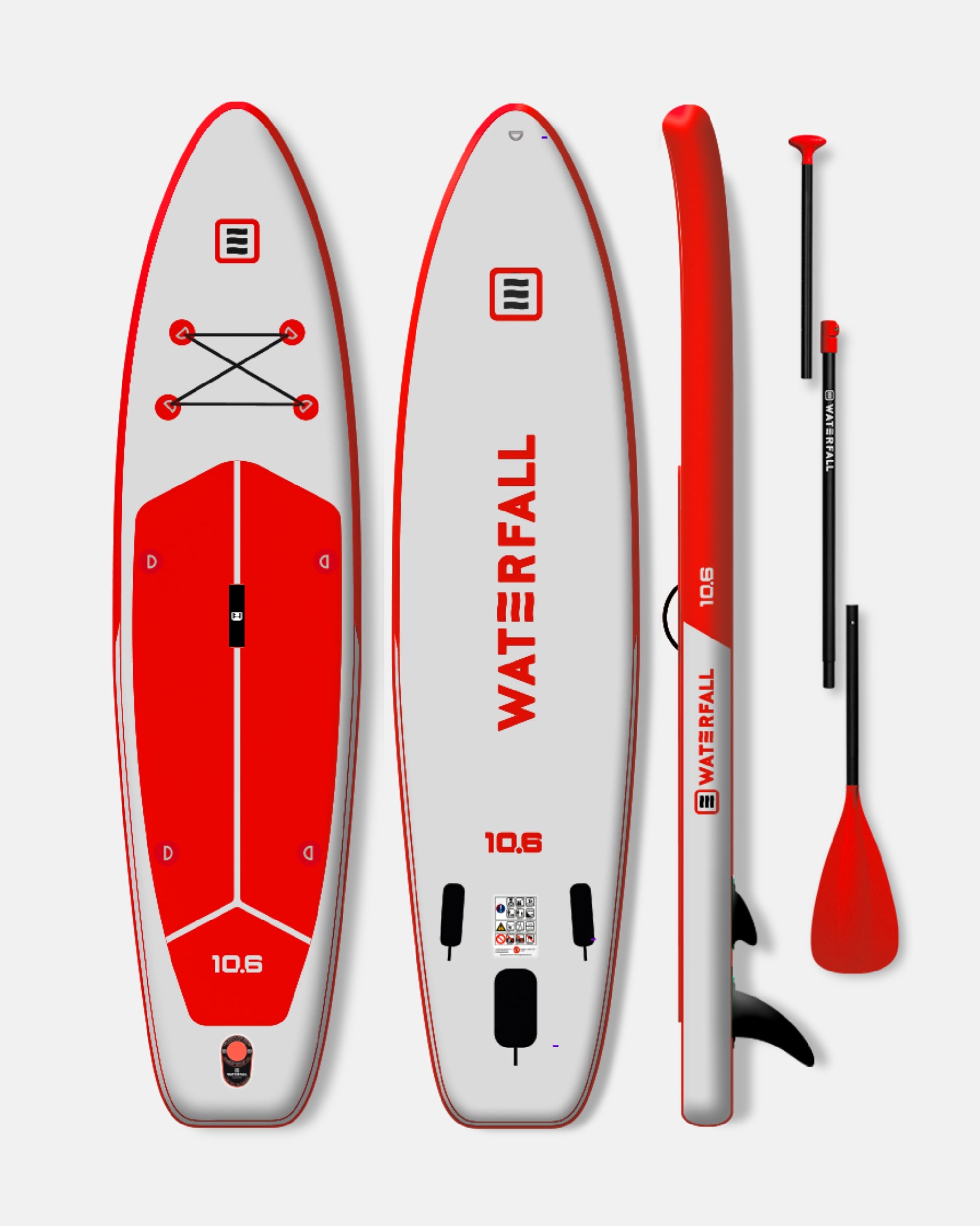 Inflatable stand up paddleboard, red and grey, 10.6’ touring board with paddle and pump