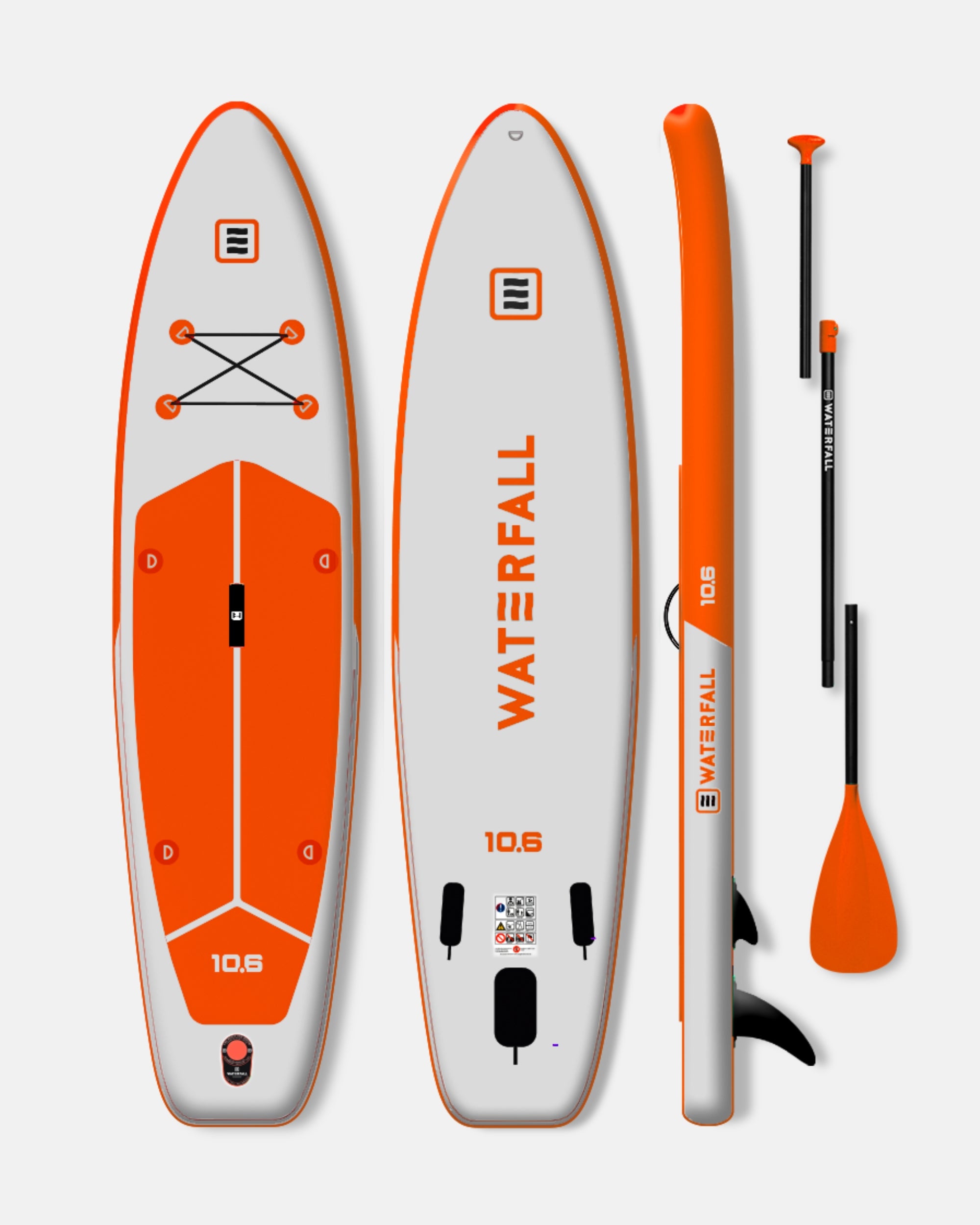 Inflatable 10.6 touring stand up paddle board kit with orange/gray board, paddle, and pump