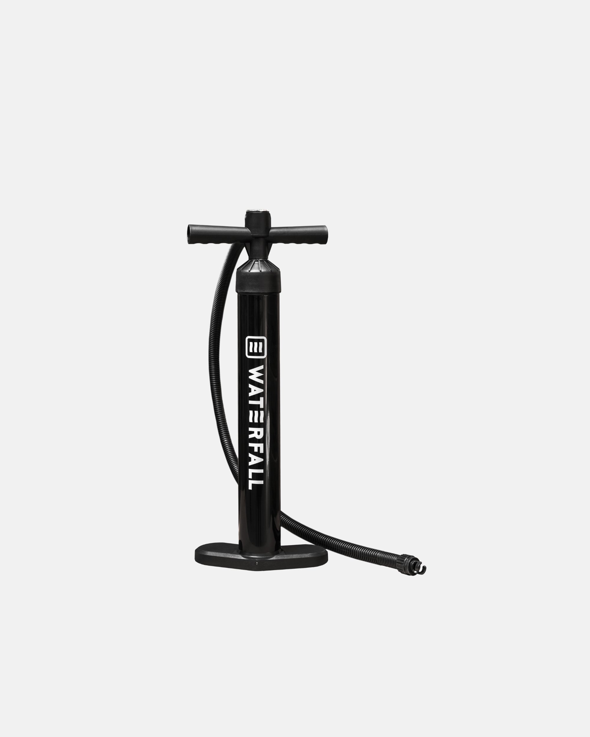 Inflatable SUP foot pump with black frame, hose, and WATERFALL logo